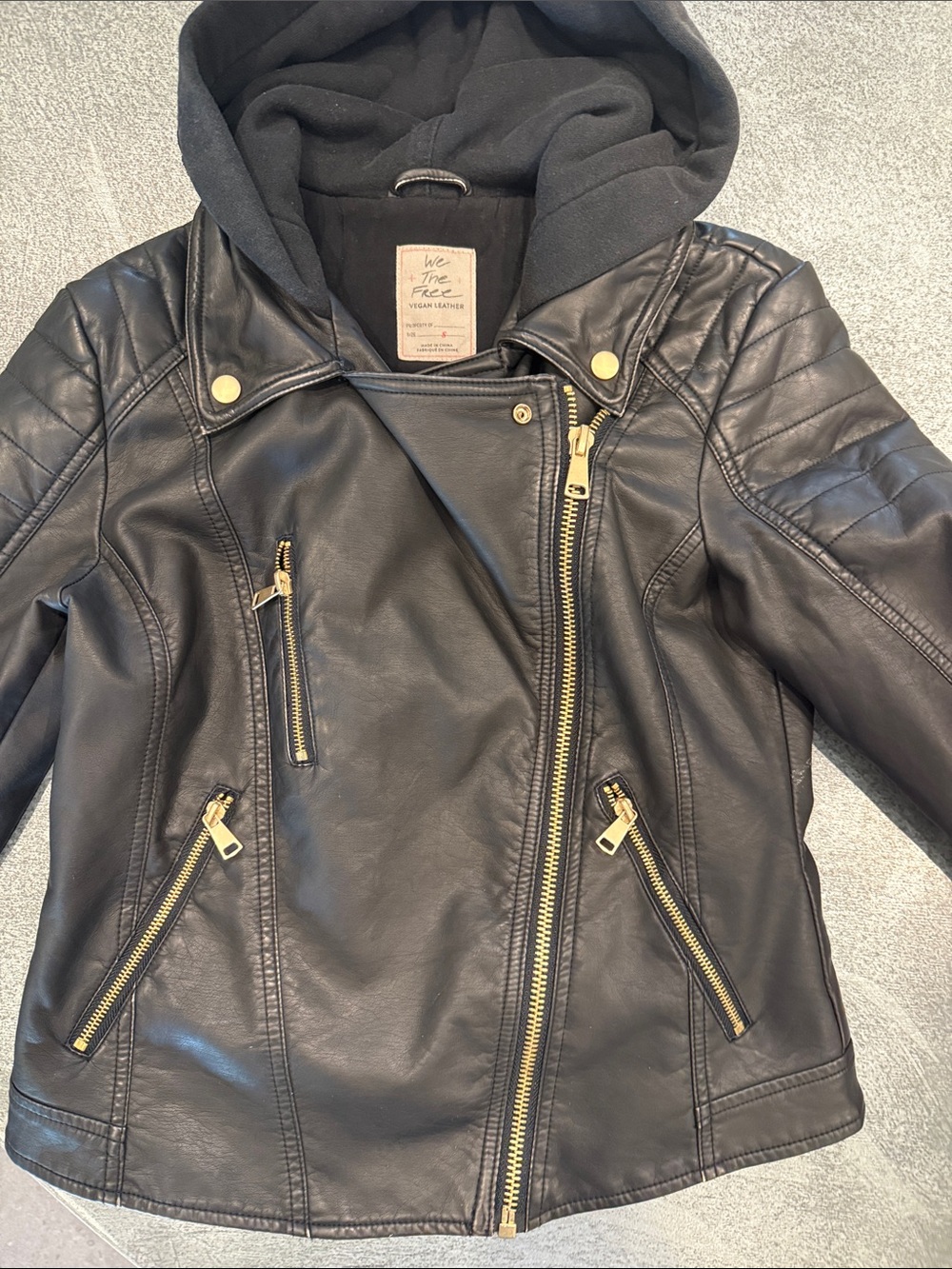 We The Free Black Faux Leather Moto Jacket with Gold Hardware